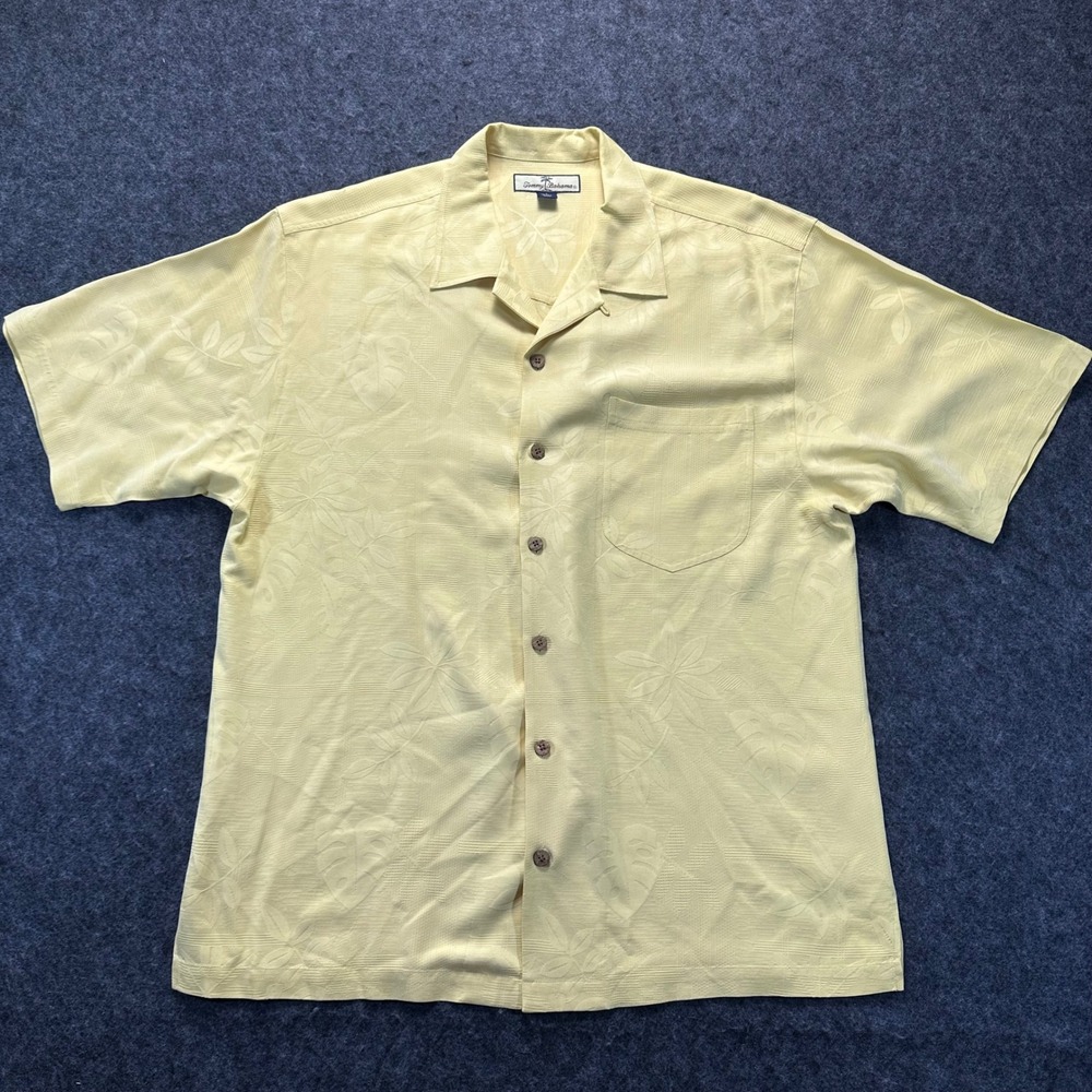 Tommy Bahama Mens Yellow Relax Tropical Jacquard Silk Button Up Shirt Size L